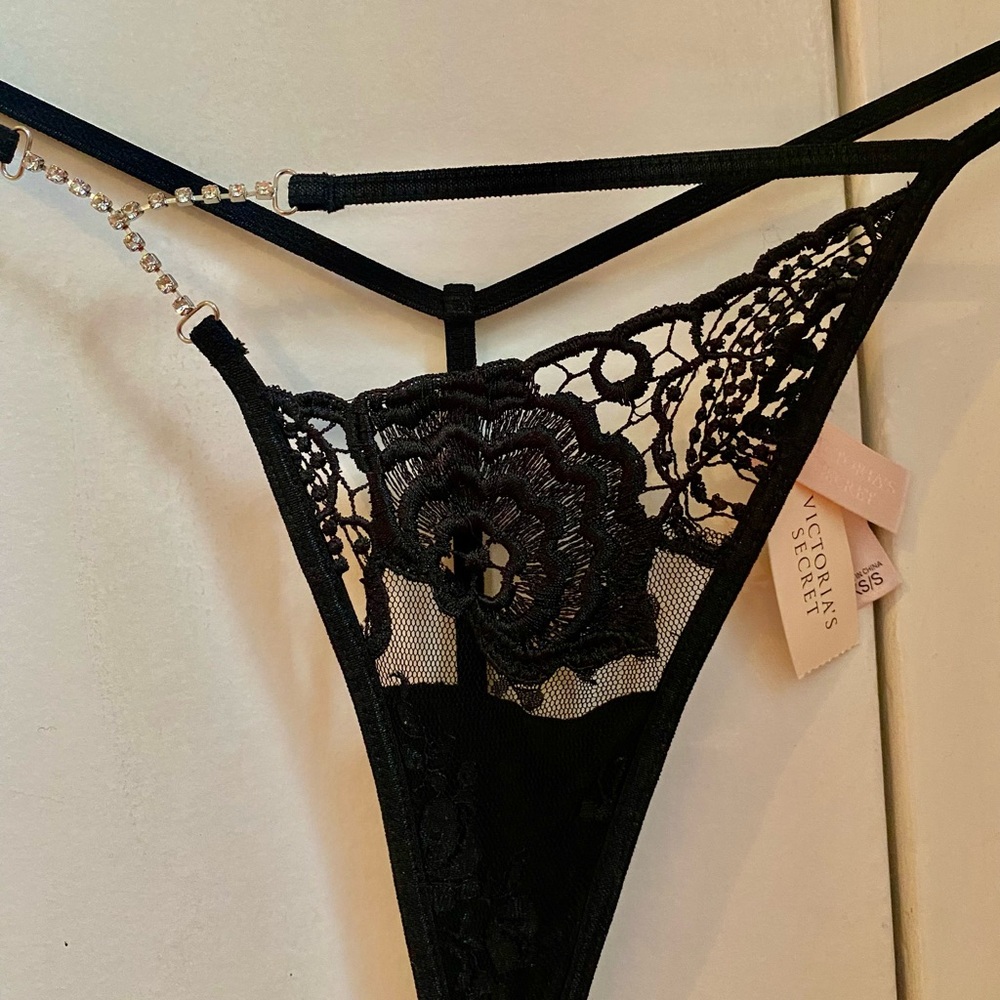 Victoria's Secret Black Floral Lace Rhinestone Thong